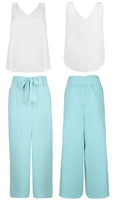 1 x RAW Customer Returns FANCYINN Women s 2 Piece Crop Pants Set with Wide Leg Wide Strap V-Neck Tank High Waist Cropped Paper Bag Pants with Belt Light Blue Pants and White Top XS - RRP €30.24