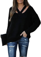 1 x RAW Customer Returns Cicy Bell Sweaters for Women V-Neck Hollow Out Tops Long Sleeve Casual Knitted Tops Black L - RRP €33.82