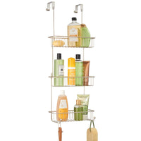 1 x Brand New mDesign shower basket to hang on the shower door pretty shower shelf without drilling metal shower storage with three baskets and four hooks for accessories matt silver color - RRP €35.99