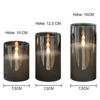 1 x RAW Customer Returns Eldnacele LED candles with timer function flickering flame, electric real wax candles in glass, 3-piece flameless candle set, LED pillar candles with remote control, art and room decoration, gray - RRP €29.99