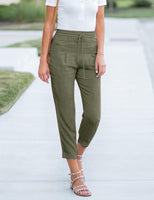 1 x RAW Customer Returns Yuson Girl Women s Casual Cotton Linen Pants High Waist Elastic Summer Causal Loose Long Beach Pants with Pockets and Comfortable Pants Green, L  - RRP €24.49