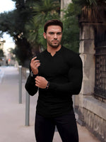 1 x RAW Customer Returns Agilelin Ribbed T-Shirts for Men, Long Sleeve T-Shirt, Small V-Neck Shirt Black M  - RRP €23.18