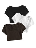 1 x RAW Customer Returns GORGLITTER Women s 3 Pack Crop T-Shirts Scoop Neck Crop Top Short Tops Basic Short Sleeve Shirts Black, White, Khaki M - RRP €35.99