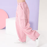 1 x RAW Customer Returns Rolanko Girls Cargo Pants, Loose Cotton Trousers with Elastic Waist and Multiple Pockets for Kids Ages 6-15, Pink, Size 140 - RRP €34.99