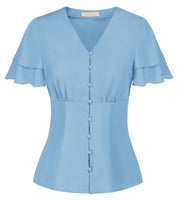 1 x RAW Customer Returns Blouse Women s Elegant Short Sleeve V-Neck Button Placket Vintage Shirt Tops Party Wedding Light Blue M - RRP €19.84