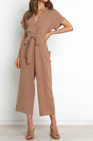 1 x Brand New Women s Casual Short Sleeve Button Up Elegant V-Neck Rompers with Wide Belt and Pockets, Khaki, L - RRP €27.99