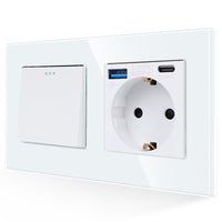 1 x RAW Customer Returns JIMEIDA light switch with USB socket white flush-mounted, USB A and type C port max.3.1A, 1 compartment 1 way with glass plate, modern crystal rocker switch wall switch, 10 Amp, 250 V - RRP €20.16