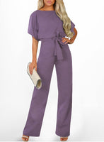 1 x RAW Customer Returns Dokotoo Women s Short Sleeve Long Jumpsuit Elegant Overall Jumpsuits O-Neck Playsuit Summer Trouser Suit with Belt Purple L - RRP €50.41