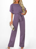 1 x RAW Customer Returns Dokotoo Women s Short Sleeve Long Jumpsuit Elegant Overall Jumpsuits O-Neck Playsuit Backless Sexy Pantsuit with Belt Purple XL - RRP €50.41