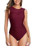 1 x RAW Customer Returns Summer Mae Women s One Piece Swimsuit Round Neck Sexy High Cut Wine Red L - RRP €24.0