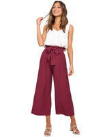 1 x RAW Customer Returns FANCYINN women 2 piece crop pants set with wide leg wide strap V-neck tank high waist cropped paper bag pants with belt white top and wine red pants L - RRP €34.42