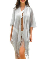 1 x Brand New Ferand Women s Summer Kimono Cardigan Open Front Fringe Beach Cover Up Long Kimono for Bikini Swimwear One Size Silver - RRP €19.51