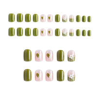 1 x Brand New Press on nails short, 24 pieces shiny green false nails heart fake nails with flowers and pearls for DIY nail art salon women girls - RRP €18.0