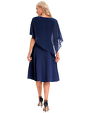 1 x RAW Customer Returns DRESSTELLS Women Plus Size Bridesmaid Dresses Chiffon Cape Elegant Cocktail Dress Wedding Evening Dress V-Neck Knee Length A-Line Summer Dress Navy 2XL - RRP €52.99