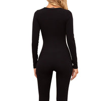 1 x RAW Customer Returns Jetjoy Women s Sports Jumpsuit Long Yoga Long Sleeve Bodycon One-Piece Full Body Suit Stretch Elegant Jumpsuit Tight Square Neckline Ribbed Workout Overall Trouser Suit, Long Sleeve Black, L - RRP €37.3