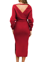 1 x RAW Customer Returns Viottiset Women s Elegant Dress Tunic Sexy V-Neck Long Sleeve Pullover Dress Maxi Dress with Belt Red M - RRP €44.36