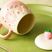 2 x Brand New Cute Strawberry Mug Pink Coffee Cup Ceramic Kawaii Mug for Morning Tea Milk Fruit Cup with Lovely Lid and Spoon Creative Novelty Birthday Christmas for Lover Girls 500ml - RRP €33.7