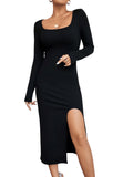 1 x RAW Customer Returns GORGLITTER figure-hugging dresses women s ribbed knit midi casual dress long-sleeved T-shirt dress with slit autumn dress with scoop neck black XS - RRP €31.25