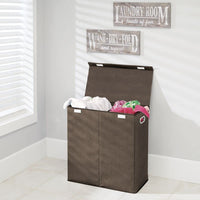 1 x RAW Customer Returns mDesign Laundry Hamper in Breathable Polypropylene Foldable Laundry Bin with 2 Divisions Clothes Storage Bag with Lid and Handles for Bathroom, Laundry Room or Bedroom Dark Brown - RRP €36.76