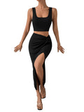 1 x RAW Customer Returns GORGLITTER summer two-piece set women s leisure suit with tank top and skirt 2-piece outfitwear skirt holiday top midi skirt set with slit black S - RRP €30.24