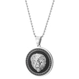 1 x RAW Customer Returns COOLSTEELANDBEYOND Stainless Steel Lion Head Circle Pendant Necklace with Zirconia, Black Onyx, Greek Key Pattern, Silver Black - RRP €21.17