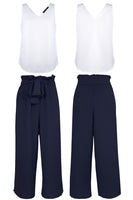 1 x RAW Customer Returns FANCYINN women 2 piece crop pants set with wide leg wide strap V-neck tank high waist cropped paper bag pants with belt white top and sea blue pants XS - RRP €31.98