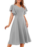 1 x RAW Customer Returns bridesmay Midi Cocktail Dresses for Women Sexy V-Neck 50s Retro Petticoat Pleated Skirt Festive Elegant Evening Dresses With Sleeves Ball Gown 2022 Summer Dresses Grey 3XL - RRP €46.1