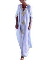 1 x RAW Customer Returns Bsubseach Gold Embroidery Long Kaftan Dresses V Neck Caftan Dress Beach Cover Ups for Women White - RRP €31.25