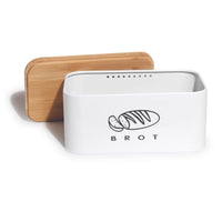 1 x RAW Customer Returns Theo Cleo bread boxes with lid, lid made of ecological bamboo, can be used as a cutting board, spacious retro bread box made of metal, store bread for a long time and keep it fresh 30cm 18cm 14cm white - RRP €28.57