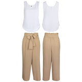 1 x RAW Customer Returns FANCYINN Women s 2 Piece Crop Pants Set with Wide Leg Wide Strap V-Neck Tank High Waist Cropped Paper Bag Pants with Belt Khaki L - RRP €34.24