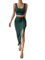 1 x RAW Customer Returns GORGLITTER summer two-piece set women s leisure suit with tank top and skirt 2-piece outfitwear skirt holiday top midi skirt set with slit dark green L - RRP €31.99