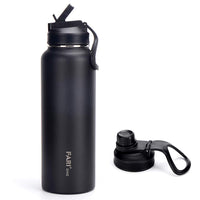 1 x RAW Customer Returns FARI Sports Water Bottle with Straw and Pourer Lid - 660 960 1200ml, Double Walled, Vacuum Insulated, Stainless Steel with Wide Mouth to Keep Drinks Cold or Hot 1200ml, Black  - RRP €24.18