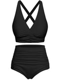 1 x RAW Customer Returns Svanco Bikini Women Set Tummy Control High Waist Swimsuit Push Up Swimwear Lace Up V Neck Floral Pattern Two Piece Swimsuit with Tie Belt - RRP €42.99