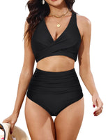 1 x RAW Customer Returns JASAMBAC High Waist Bikini Women Set Tummy Control Swimsuit, Twsit Cross Push Up Bikini Top And High Waist Bikini Bottoms, Soft High Quality Swimwear Swimsuits For Beach - RRP €32.27