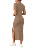 1 x RAW Customer Returns GORGLITTER Bodycon Dress with Slit Women s Dresses Short Sleeve Summer Midi Dress Pencil Dress Casual Dress T-Shirt Dress Khaki L - RRP €34.99