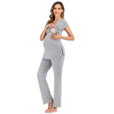 1 x RAW Customer Returns rismart Women s Maternity Nursing Pajamas Pyjama Set Cotton Pajamas Short Sleeve Top and Long Pants Summer Light Grey, M  - RRP €26.6