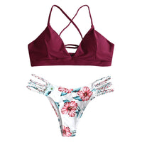 1 x RAW Customer Returns ZAFUL Women s Two Piece Bikini Set with Adjustable Push-up Back Bra, Floral Pattern Triangle Swimsuit - RRP €35.99