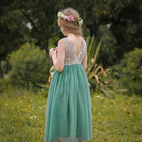 1 x RAW Customer Returns Odizli Girls Lace Dress Backless A-Line Wedding First Communion Party Long Evening Dress Green A 11-12 Years - RRP €37.3