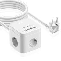 1 x RAW Customer Returns Socket cube with USB, multiple socket with 2M cable, 3 Schuko sockets 3680W 16A , 4 USB ports 5V 3.4A , cube multiple plug with switch, for office, home and travel - RRP €21.06