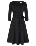 1 x Brand New Belle Poque Women s Dress Vintage 3 4 Sleeve Knee-Length V-Neck Casual Dress with Belt Wedding Black S - RRP €39.42