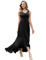 1 x RAW Customer Returns Meetjen Evening Dress Long Chiffon Dress Women Elegant V-Neck Lace Dress for Wedding Guest Cocktail Party Dress Black 2XL - RRP €55.45