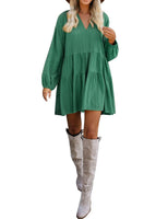 1 x RAW Customer Returns FANCYINN Summer Dress Women Short Tunic Dress V-Neck Flounce Loose Swing Mini Dresses Dark Green Long Sleeve L - RRP €32.99