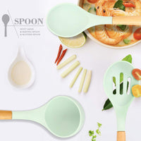 1 x RAW Customer Returns Silicone Cooking Utensil Set 9 Pieces Natural Wooden Handles Cooking Tool Turner Tongs Spatula Spoon for Non-Stick Cookware Mint Green - RRP €26.16