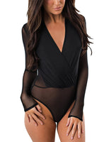 1 x RAW Customer Returns SEBOWEL Women s Sexy Bodysuit Elegant V-Neck Sheer Mesh Long Sleeve Bodysuit Top Party Club Bodycon Jumpsuit T-Shirt Blouse S, Black  - RRP €26.21