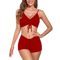 1 x RAW Customer Returns meioro Solid Swimsuit for Women Tie Front Bikini Shorts Two Piece Swimwear Sporty Bathing Suits High Waist Swimsuit - RRP €23.99