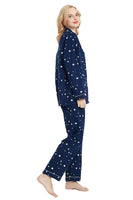 1 x RAW Customer Returns GLOBAL pajamas women s flannel Cotton Women s Pajama Set Two-piece sleepwear women s pjs set long Front button placket and drawstring Blue Star L - RRP €30.24