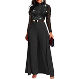 1 x RAW Customer Returns VERWIN Women s Patchwork Overlay Sequin Embellished High Waist Long Sleeve Jumpsuit Black Medium - RRP €47.99