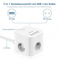 1 x RAW Customer Returns Socket cube with USB, multiple socket with 2M cable, 3 Schuko sockets 3680W 16A , 4 USB ports 5V 3.4A , cube multiple plug with switch, for office, home and travel - RRP €21.06