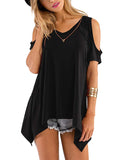 1 x RAW Customer Returns Beluring Women s Short Sleeve T-Shirt Solid Color V-Neck Long Irregular Hem Casual Black L - RRP €21.16