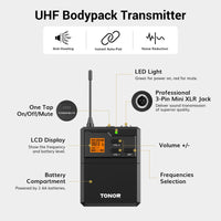 1 x RAW Customer Returns TONOR UHF microphone wireless set with headset headband wireless microphone lavalier clip-on microphones bodypack transmitter, mini receiver 6.35 mm output 60 m range wireless microphone for live performances - RRP €45.99